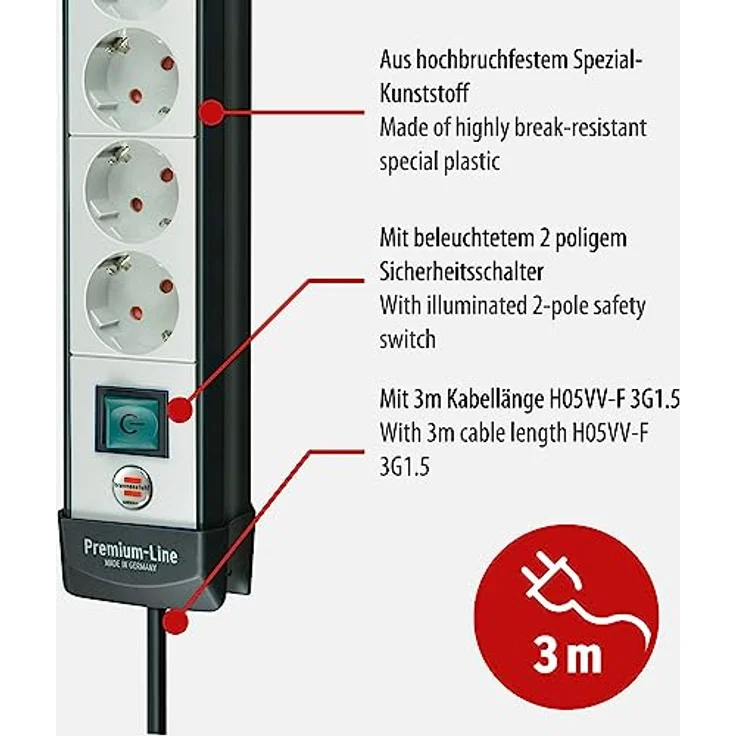 Brennenstuhl Premium-Line, Steckdosenleiste 6-fach (Steckerleiste mit Schalter und 3m Kabel - 45° Anordnung der Steckdosen, Made in Germany) schwarz-grau – Bild 3