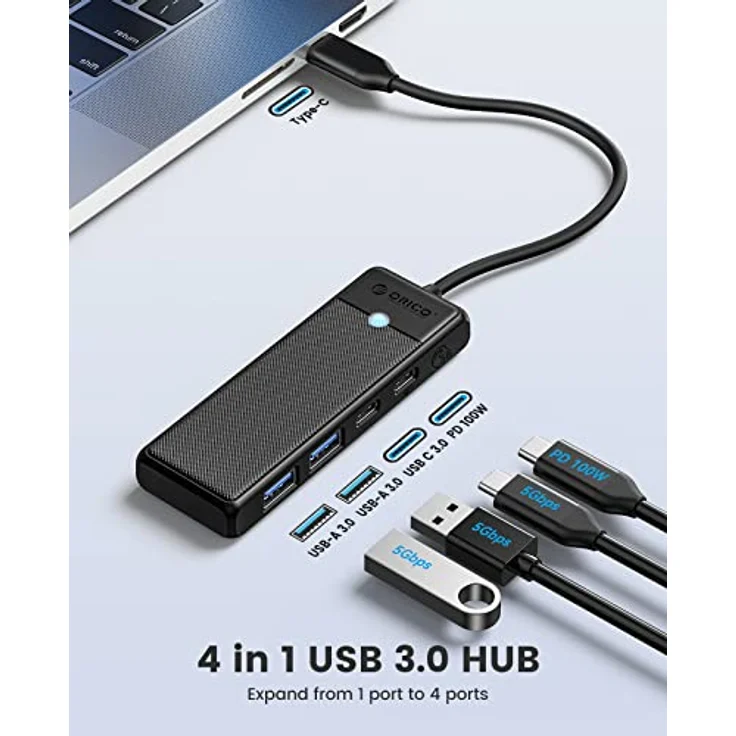 ORICO 4-Port Type-C to USB 3.0 / Type-C PD 100W High Speed 5Gbps HUB Multiplexer Schwarz - Modell: PAPW2AC-C3-015-BK-EP – Bild 2