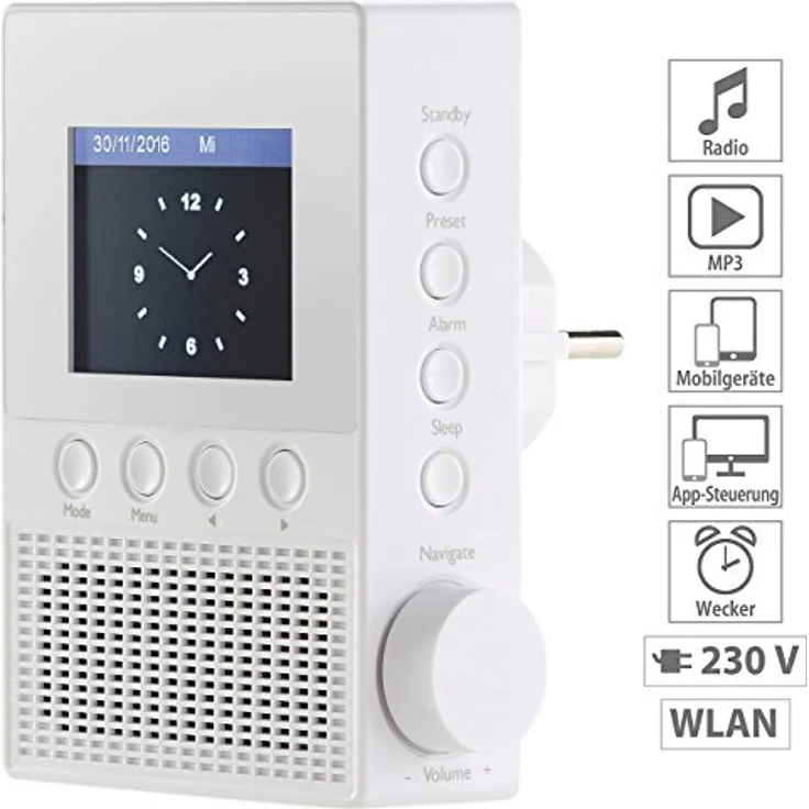 VR-Radio WLAN Radio Steckdose: Steckdosen-Internetradio IRS-300 mit WLAN, 6,1-cm-Display, 6 Watt (Steckdosenradio mit Fernbedienung, Steckdosenradio Internetradio, Lautsprecher iPad) – Bild 2