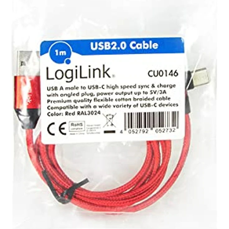 Logilink - USB-Kabel - USB-C (M) gewinkelt bis USB (M) gerade - USB 2.0 - 5 V - 3 A - 1 m - Rot, RAL 3024 (CU0146) – Bild 9