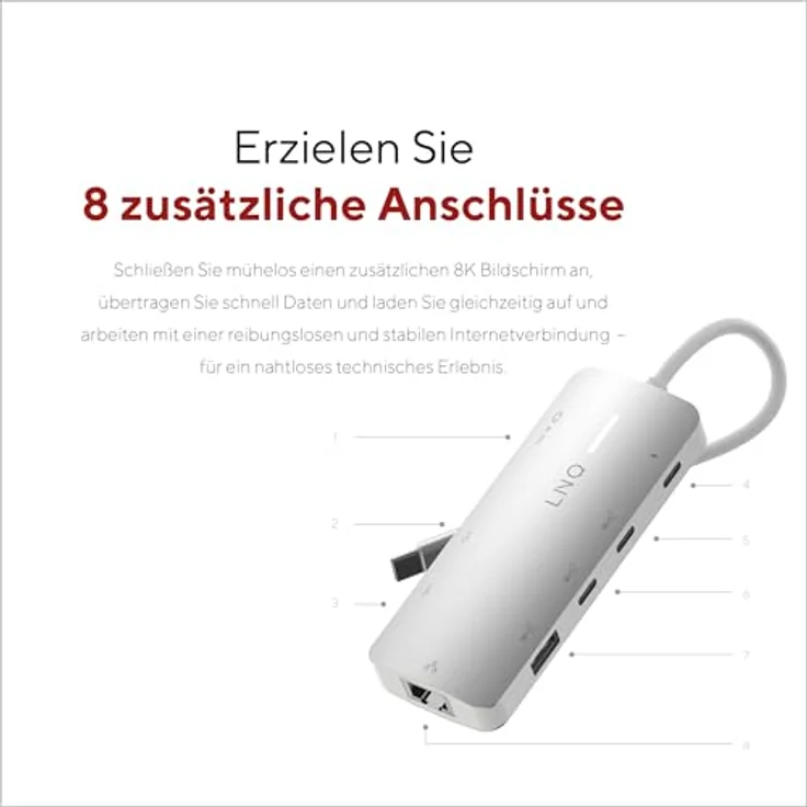 Linq LINQ Connects 8-in-1 Pro Studio-C Multiport-Hub mit 100W Power Delivery, 8K HDMI, 2.5GbE Ethernet und 10Gbps USB-C, geeignet für Laptops und Tablets – Bild 3