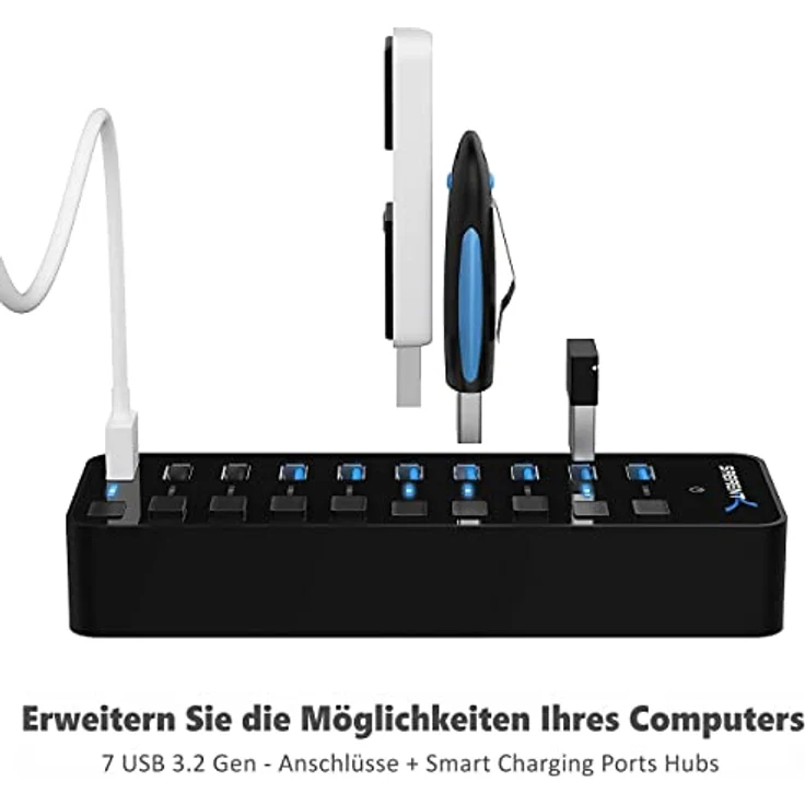 SABRENT USB Hub aktiv 3.2 gen1 + netzteil 60W 10port (7 USB hub 3.2 + 3 USB 2) USB Adapter mehrfach Verlängerung, USB Verteiler, Powered USB hub, mit EIN/AUS Schaltern, fur PS5, PC, MacBook (HB-B7C3) – Bild 2
