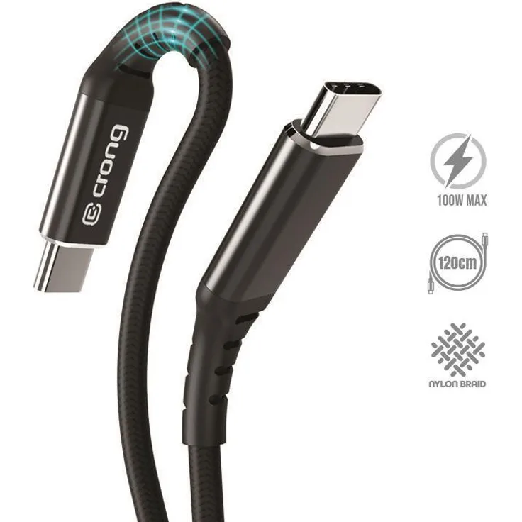 Crong Armor Link, 100W PD 5A USB-C zu USB-C Kabel, 120cm, schwarz, hohe Zug- und Biegefestigkeit, schnelles Aufladen