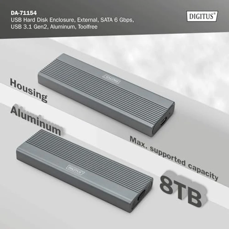 DIGITUS externes M.2-Gehäuse - USB 3.1 Gen2 Typ-C - 6 Gbit/s - Unterstützt SATA-SSDs bis 8 TB - Werkzeuglos - Aluminiumgehäuse - Grau – Bild 4