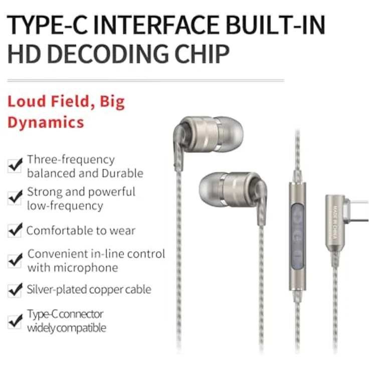 SoundMAGIC E80D Digital USB C Headphones - Type C Wired Earbuds with Microphone HiFi Stereo Earphones Powerful Bass Noise Isolating Compatible with Android Device, Gunmetal – Bild 5