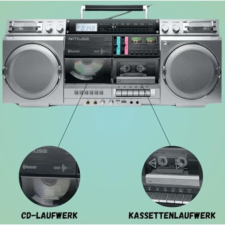 MUSE M-380GBS Retro Kassetten Boombox mit CD-Player, AUX und Bluetooth, Smartphone kompatibel, Kassettenrekorder cooles vintage Design, 80 Watt Lautsprecher – Bild 4