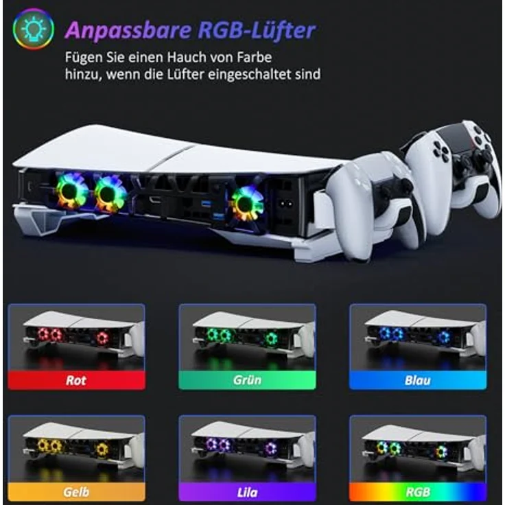 NexiGo PS5 Slim Horizontal Stand mit Ladestation für PS5 und Edge Controller, RGB Kühlventilator mit Temperaturkontrolle, LED-Anzeige, kompatibel mit PS5 Slim, Weiß – Bild 3