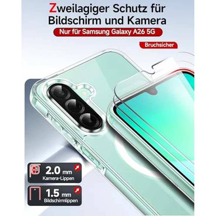 LeYi Nie Vergilbung HD Klar Hülle für Samsung Galaxy A26 4G/5G, MagSafe kompatibel, militärischer Schutz, stoßfest, transparent, inkl. 2x Panzerglas – Bild 4