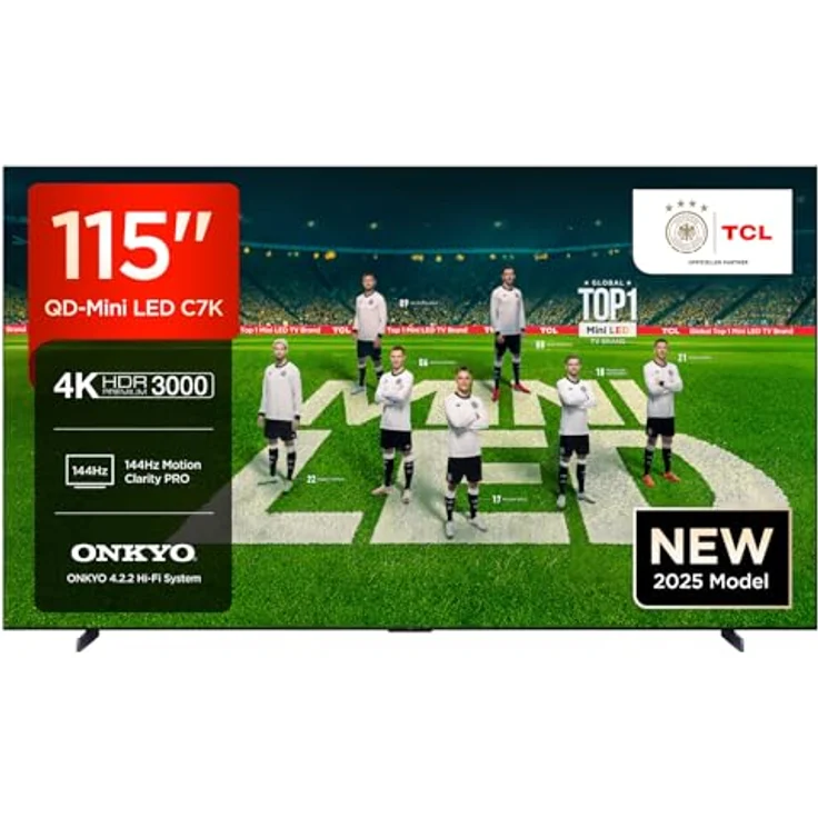 TCL 115C7K QLED Mini LED Fernseher, 115 Zoll, 4K HDR Premium, Dolby Vision IQ & Atmos, Smart TV mit Google TV, Onkyo 4.2 Sound, 144Hz VRR, HDMI 2.1, AMD FreeSync Premium Pro – Bild 1