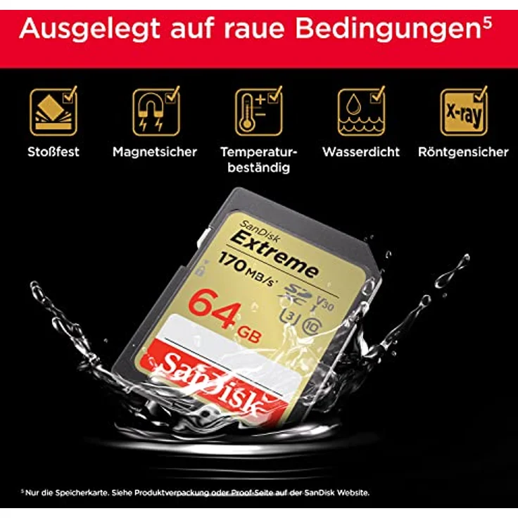 SanDisk Extreme SDXC UHS-I Speicherkarte 64 GB (V30, 170 MB/s Übertragung, U3, 4K UHD Videos, SanDisk QuickFlow-Technologie, wasserdicht, stoßfest, temperaturbeständig) – Bild 5