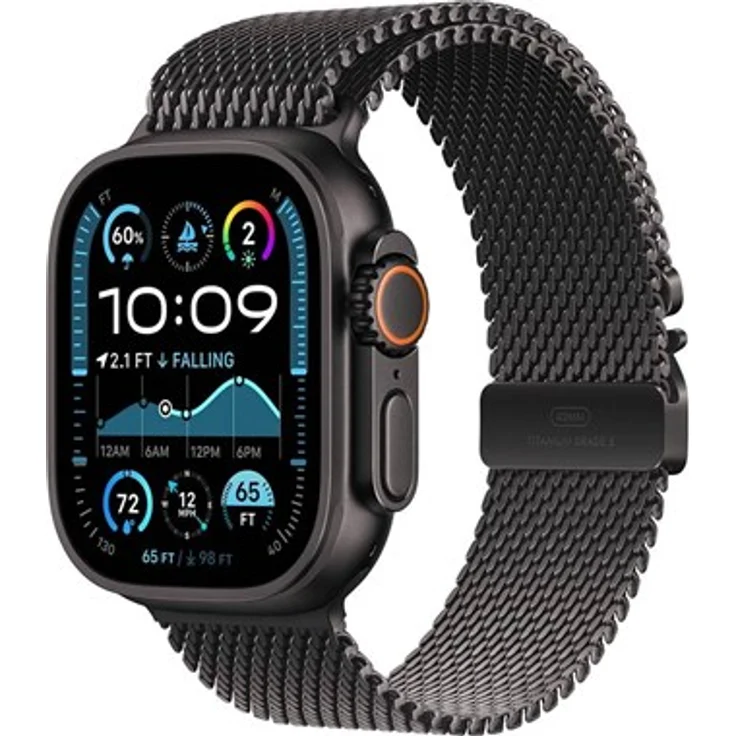 Apple Watch Ultra 2 GPS + Cellular, 49mm, Black Titanium Gehäuse mit Black Titanium Milanese Loop, 64GB, wasserdicht bis 100m, Always-On Retina Display