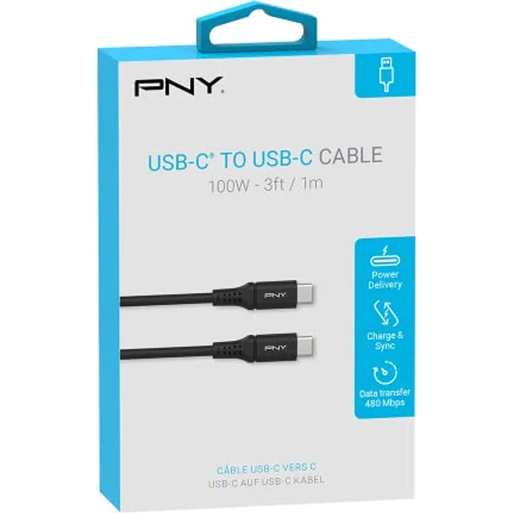 PNY USB-C™ auf USB-C Kabel 1m, bis zu 100W, ideal zum Laden und Synchronisieren von Laptops, Smartphones, Tablets und anderen USB Typ-C fähigen Geräten und Zubehör