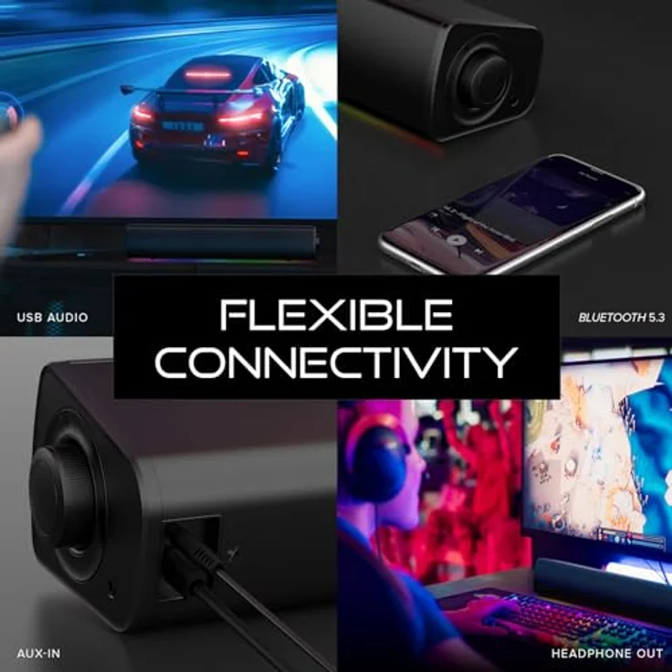 CREATIVE Sound Blaster GS3, Kompakte Gaming-Soundbar mit RGB-Beleuchtung, SuperWide-Technologie, USB-C, Bluetooth 5.4, Weiß – Bild 4