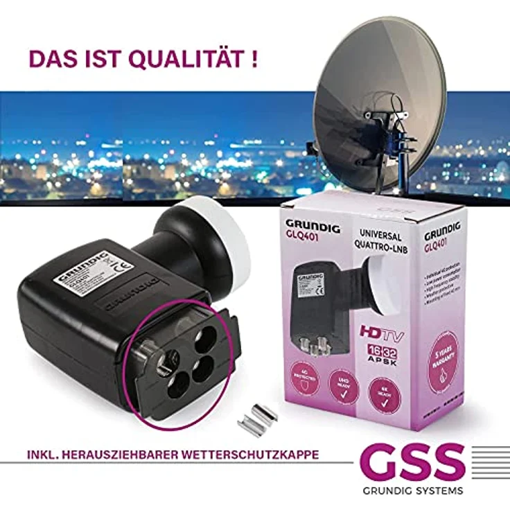 [Test SEHR GUT *] GSS Quattro LNB für Multischalter, Multiswitch geeignet - mit LTE Filter - Sat, Satelliten, Full HD, UHD 4K, 0.1dB, HDTV, Wetterschutzkappe, kälte- & hitzebeständig + Aufdrehhilfe – Bild 5