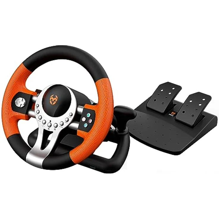 KROM K-Driver Multiplattform-Lenkrad und Pedalen-Set, Schalthebel und Schaltwippen am Lenkrad, Vibrationseffekt, kompatibel mit PC, PS3, PS4 und Xbox, Schwarz/Orange – Bild 1
