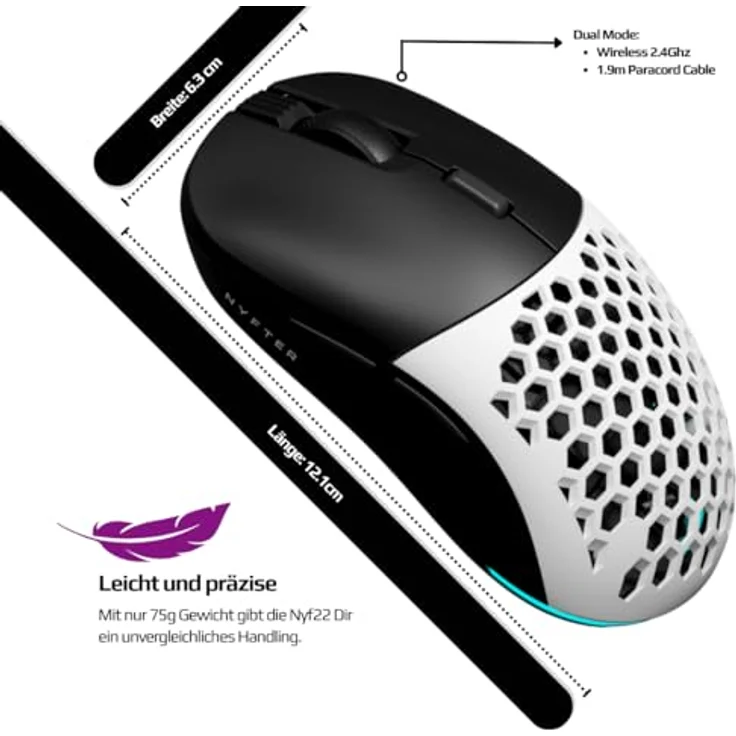 Nyfter NYF22 Wireless Gaming Mouse Ultraleicht 75g mit 400mA 19K DPI, 400 IPS 1000 hz 50h Akkulaufzeit inkl. Zwei wechselbare Cases, Schwarz – Bild 5
