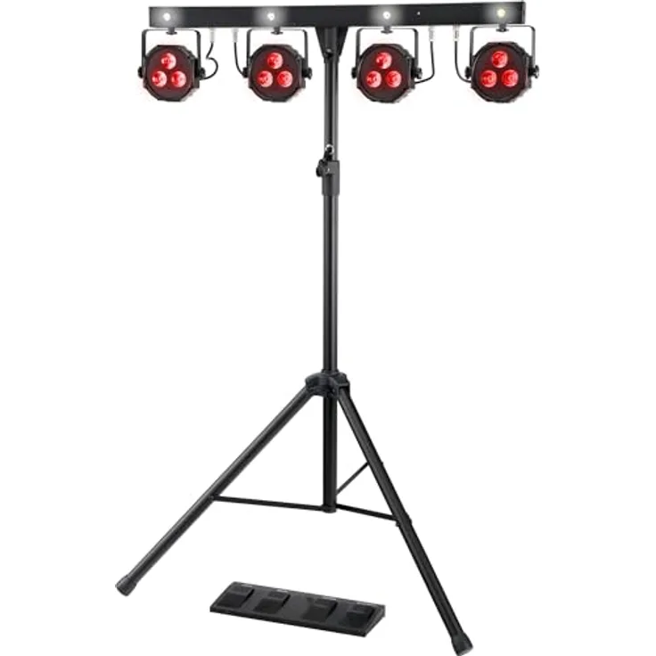 Showlite LB-4390 LED Licht Komplettanlage RGB, mit Wireless Fußschalter (Tri-LED PAR Spots, weiße Strobe-Spots, DMX512, Funk-Fußpedal, LCD-Display, Mikrofon, T-Bar, Stativ, Taschen)