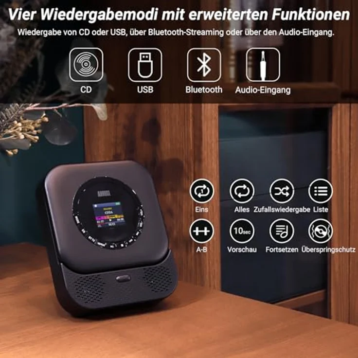 August SE15B MP3-Player, Schwarz, Bluetooth 5.3, CD-Player und AUX-Lautsprecher mit Fernbedienung – Bild 2