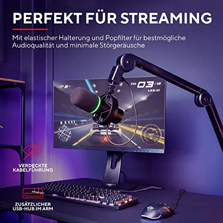 Trust Gaming GXT 255Plus Onyx Professionelles Mikrofon mit Arm, Nierencharakteristik, Popfilter, USB, LED, für Aufnahme, Streaming, Podcast, Broadcasting - Schwarz – Bild 4