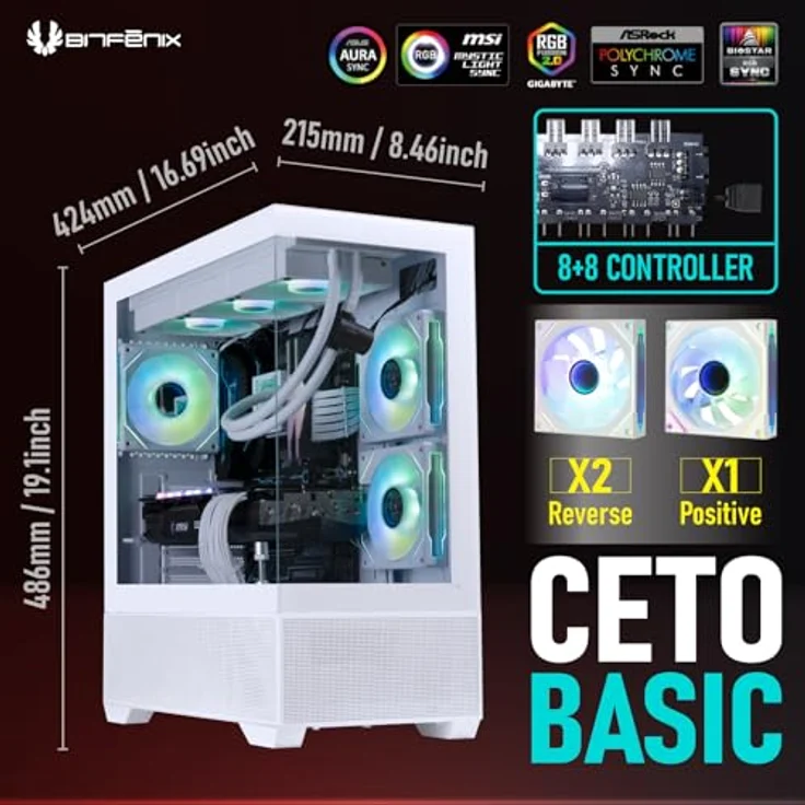 BitFenix CETO Basic Gehäuse, Midi-Tower in Weiß mit ATX-Formfaktor, drei 120-mm A-RGB-Lüftern und gehärtetem Glas – Bild 2