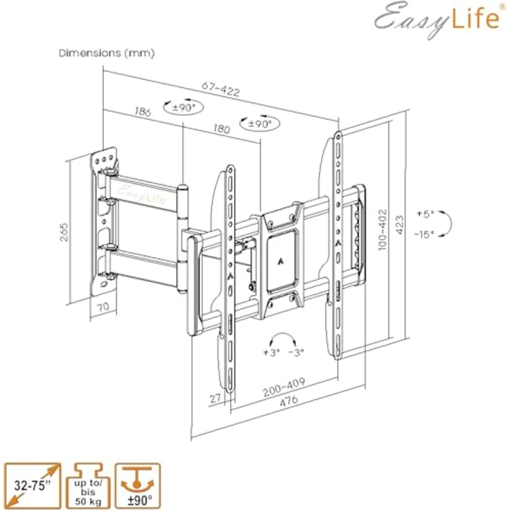 EasyLife ProMount HD75 Compact TV Wandhalterung, 32–75 Zoll, Heavy-Duty bis 50 kg, neigbar & schwenkbar, VESA 400x400, schwarz – Bild 9