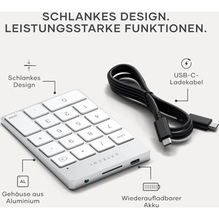 SATECHI Bluetooth Zahlenblock, Kabelloser Aluminium 18-Tasten Nummernblock, USB-C wiederaufladbar, kompatibel mit Mac und Windows – Silber – Bild 2