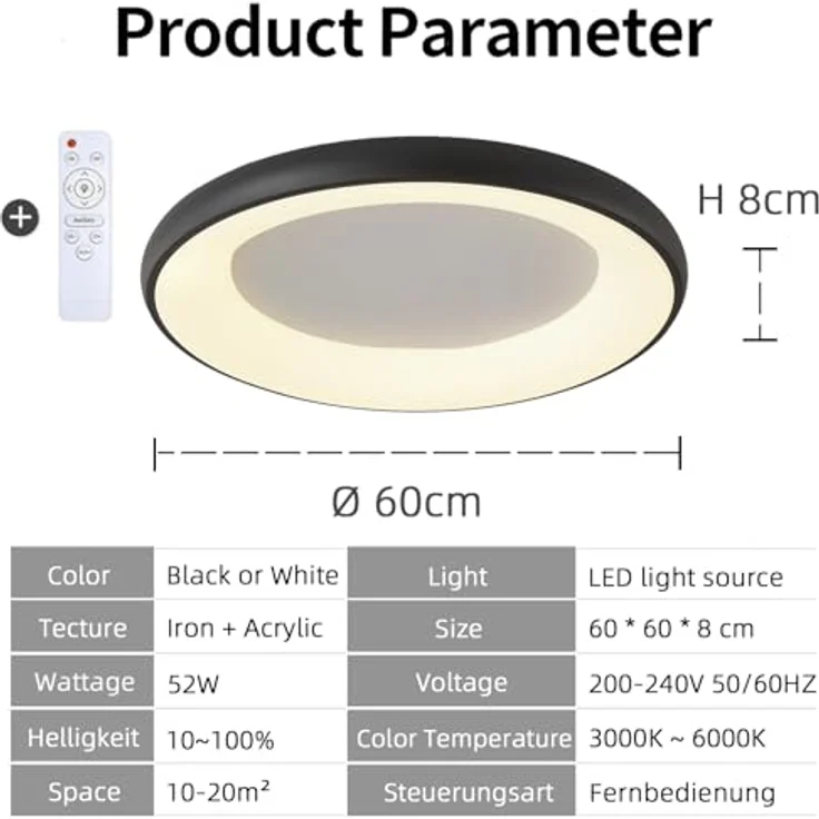 Style home LED Deckenleuchte Deckenlampe 52W Ø50x5cm, dimmbar mit Fernbedienung 3000K-6000K, Runde Lampe für Wohnzimmer Schlafzimmer Arbeitszimmer Büro Küche (Schwarz) – Bild 5