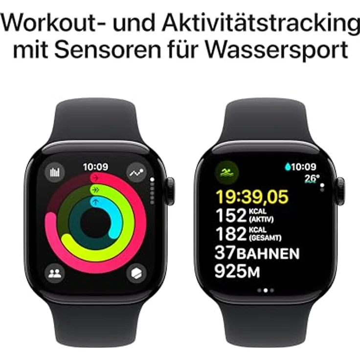 Apple Watch Series 10, 42 mm, GPS + Cellular, Aluminiumgehäuse Diamantschwarz, Sportarmband Schwarz, M/L – Bild 4