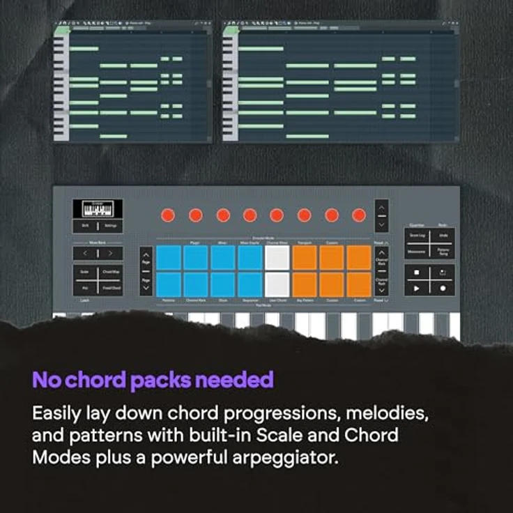 Novation FLkey 2 61, USB MIDI-Keyboard mit 61 halbgewichteten Tasten, 9 Fadern, 16 Pads und integrierten Arpeggiator, schwarz – Bild 9