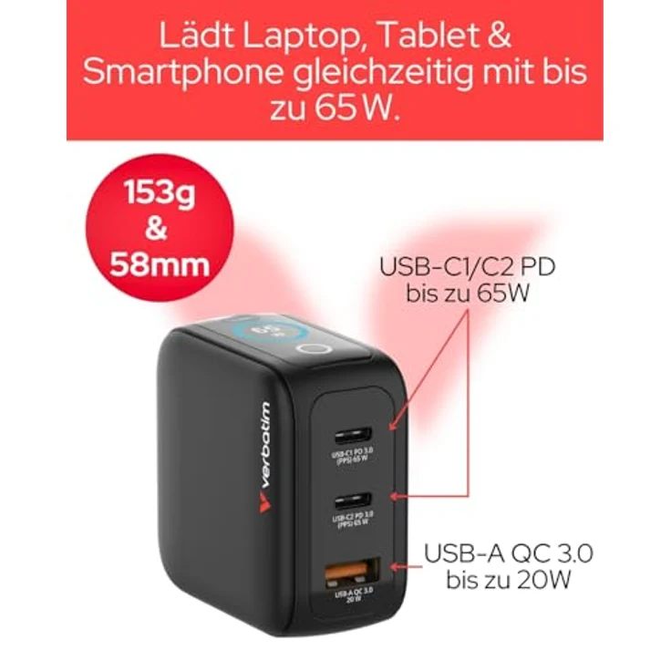 Verbatim Mini GaN Charger 3 Port 65W mit TFT-Display, kompakt und sicher, Schwarz – Bild 4