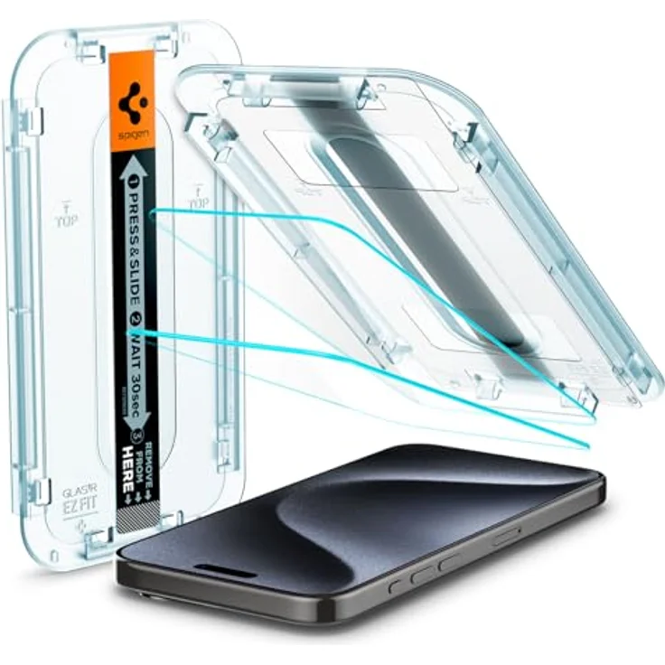 Spigen Glas.tR EZ Fit Displayschutzfolie für iPhone 15 Pro, 2 Stück, Kratzfest, 9H Härte, Transparent – Bild 1