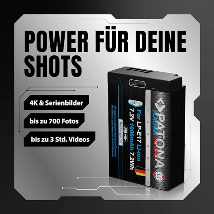 PATONA Platinum LP-E17, USB Akku (1000 mAh) mit direktem USB-Eingang, kompatibel mit Canon EOS RP/R10/R100/77D/200D/250D/750D/760D/800D – Bild 2