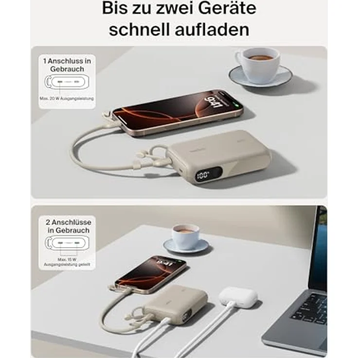 Belkin Powerbank 10.000 mAh, tragbare Ladegerät mit 2 USB-C-Anschlüssen, digitale Anzeige, 20 W Leistung für iPhone 16/15, Samsung Galaxy S25/S24, Pixel 9, iPad – Sandfarben – Bild 2