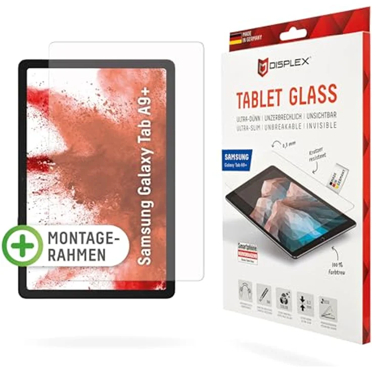 Displex Tablet Glass (9H) für Samsung Galaxy Tab A9+, Eco-Montagerahmen L-Form, ultra-dünn, unsichtbar – Bild 1