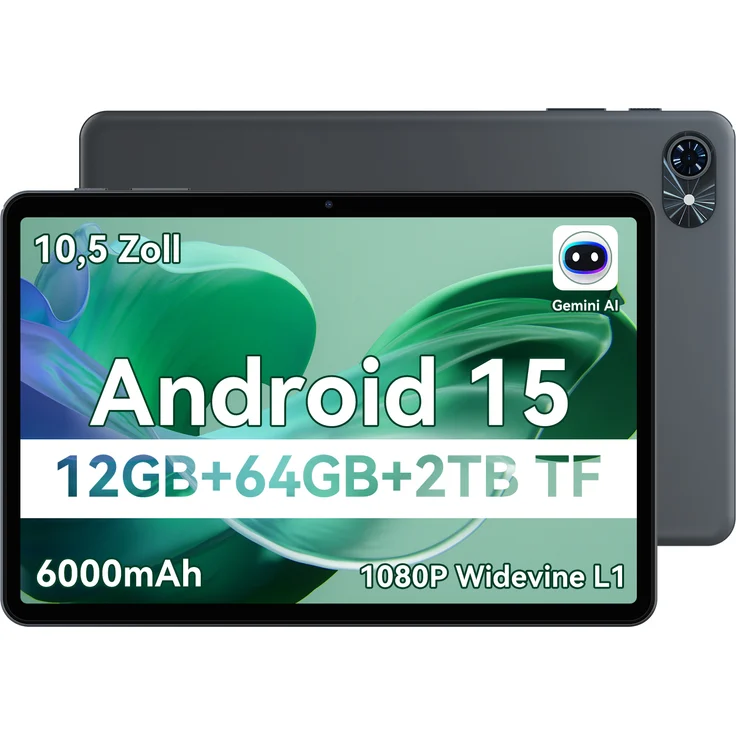 TABWEE T80 Tablet 10 Zoll, Android 15, 12GB RAM + 64GB ROM, 2TB erweiterbar, 5G WiFi, 6000mAh Akku, 1280 * 800 HD, Dual Kamera, Gemini AI