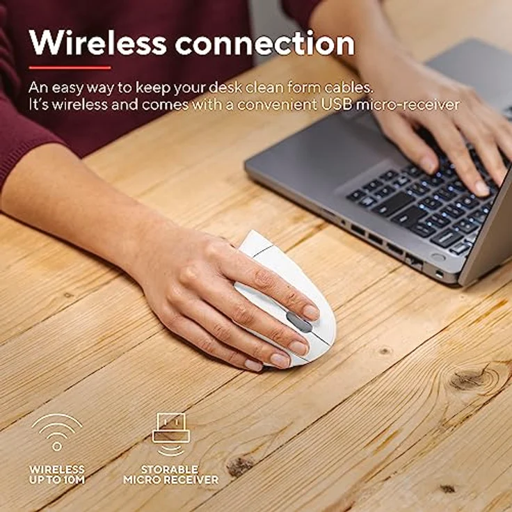 Trust Verto Kabellose Vertikale Maus, Wireless Ergonomische Maus, Vorbeugung Gegen Mausarm/Tennisarm (RSI Syndrom), 800-1600 DPI, Funkmaus für Rechtshänder, PC, Laptop, Mac, mit Batterien - Weiß – Bild 3