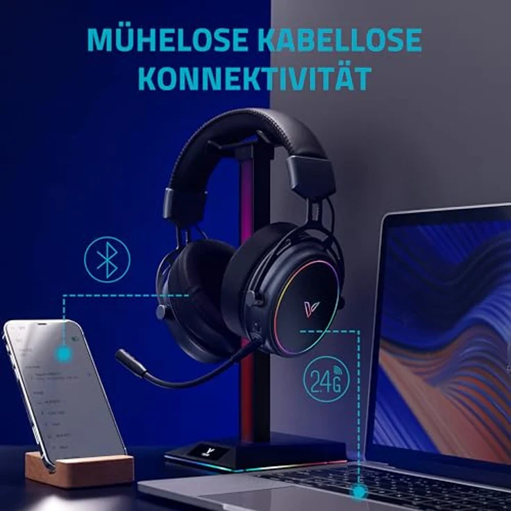 Rapoo VH800 kabelloses Gaming Over-Ear Headset, Flexibles Mikrofon, 46h Akku, Bluetooth/2,4Ghz - Space Grey – Bild 3