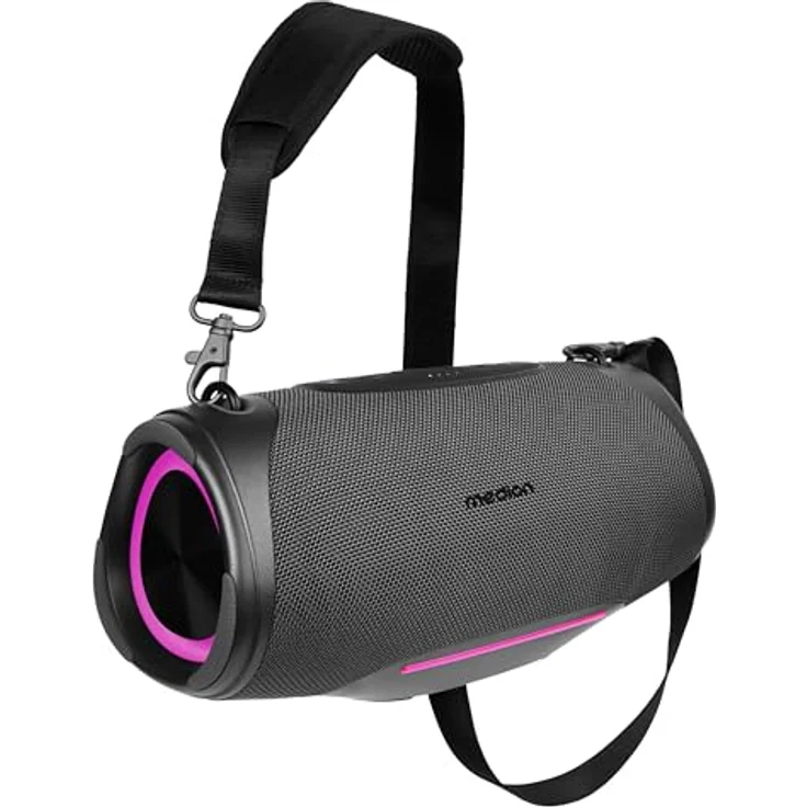 MEDION P61762 tragbarer Bluetooth Lautsprecher (Akku, Bass Boost, RGB Lichteffekte, IPX7 Wasserschutz & robust, integrierte Powerbank, 2X 25 W RMS) Anthrazit – Bild 1