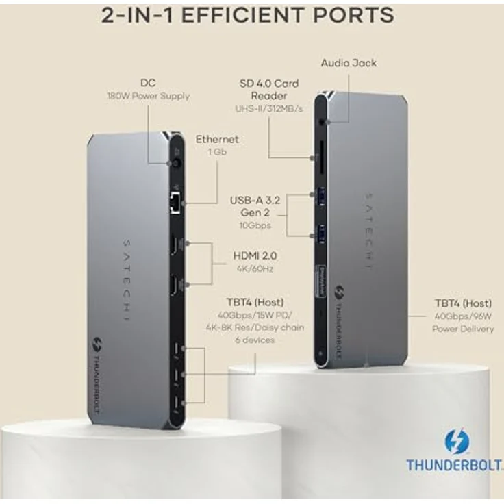 SATECHI Thunderbolt 4 Dock mit 96W Laden, Dual-Monitor HDMI 4K/60Hz, 40Gbps Datenübertragung, 2 USB 3.2, Ethernet - Silber – Bild 2