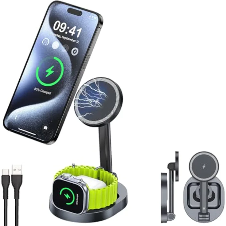 Callstel Faltbare 3in1-MagSafe-Ladestation, Wireless Charger für iPhone, Apple Watch und AirPods, 15W schnellladefähig, USB-C-Eingang, vertikaler Stand, kompakt und einstellbarer Winkel, schwarz