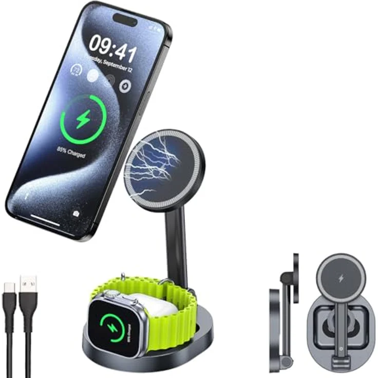 Callstel Faltbare 3in1-MagSafe-Ladestation, Wireless Charger für iPhone, Apple Watch und AirPods, 15W schnellladefähig, USB-C-Eingang, vertikaler Stand, kompakt und einstellbarer Winkel, schwarz – Bild 1