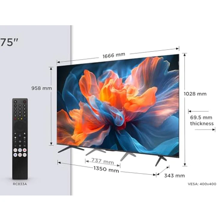 TCL 75T8C 75 Zoll QLED 4K HDR UHD Fernseher mit Dolby Vision & Atmos, 144Hz Motion Clarity Pro, FreeSync, Onkyo 2.1 Sound, Smart Google TV, Sprachsteuerung, kompatibel mit Google Assistant – Bild 2