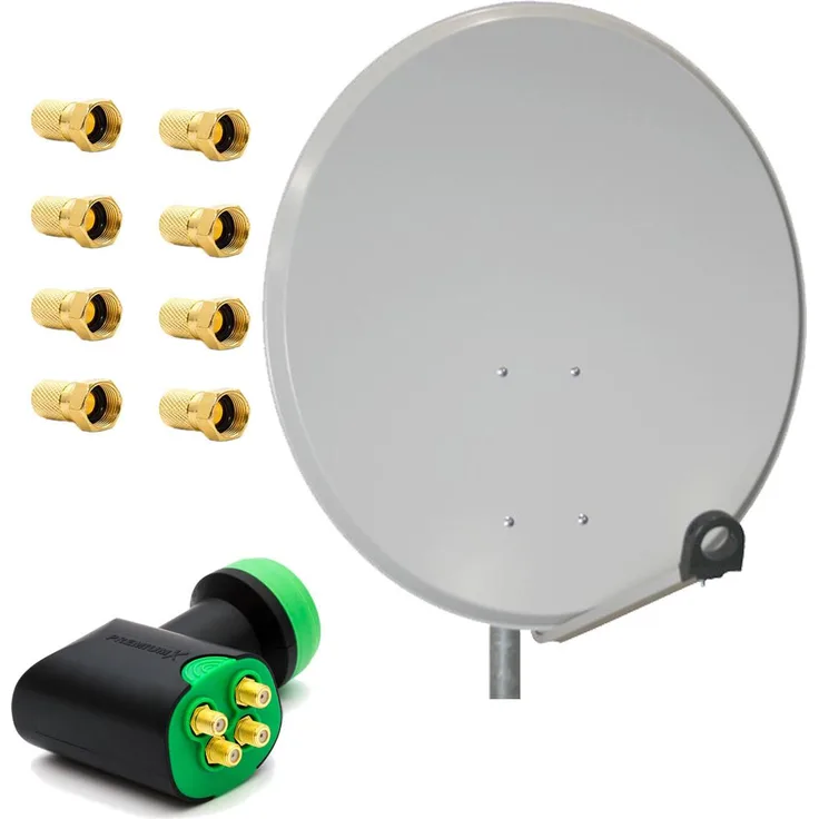 PremiumX SAT Anlage 80cm Antenne Hellgrau, Quad LNB für 4 Teilnehmer, HDTV, FULLHD, 3D TV tauglich, mit 8x F-Stecker