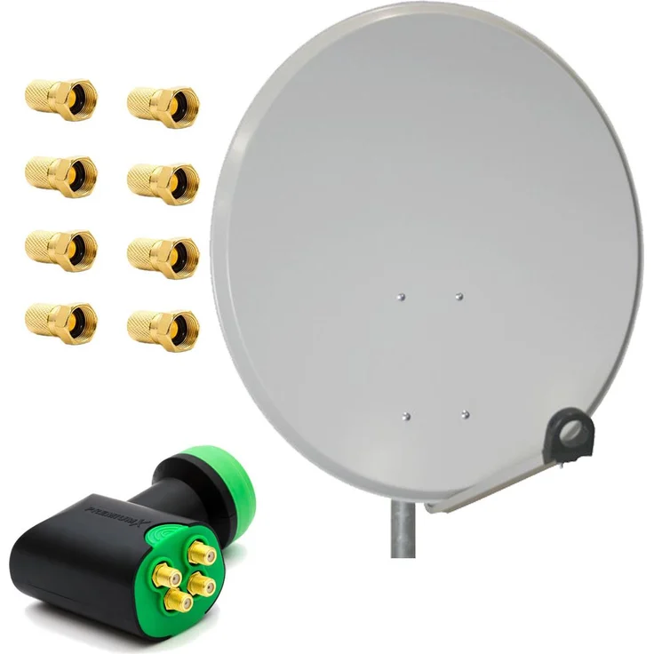 PremiumX SAT Anlage 80cm Antenne Hellgrau, Quad LNB für 4 Teilnehmer, HDTV, FULLHD, 3D TV tauglich, mit 8x F-Stecker