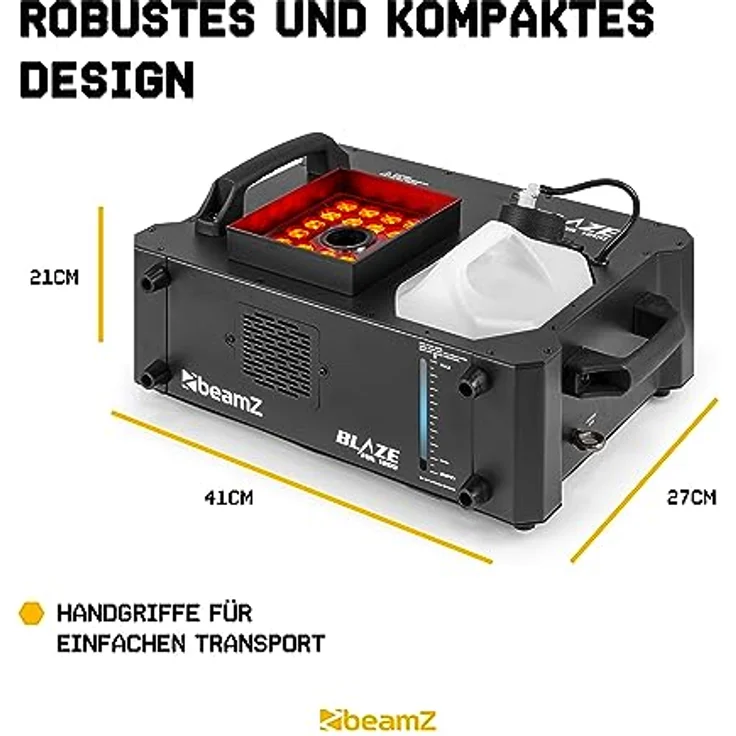 BeamZ BLAZE1200, Nebelmaschine mit 1200 Watt Leistung, 24x 4 Watt 4-in-1 RGBA-LEDs, vertikal und horizontal verwendbar, LCD-Display und Fernbedienung mit Timerfunktion – Bild 7