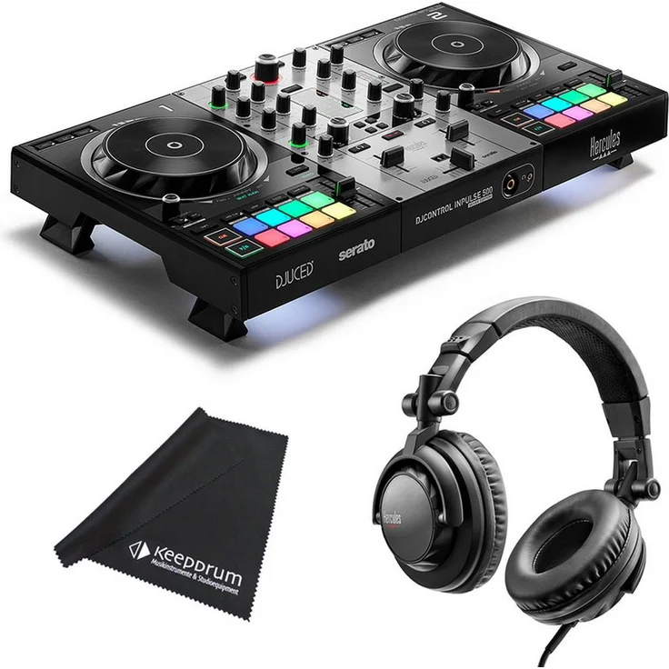HERCULES DJ Controller Inpulse 500 Silver, 2-Deck USB DJ Controller mit 16 RGB Pads und Serato DJ Lite Software, inklusive DJ45 Kopfhörer und Mikrofasertuch