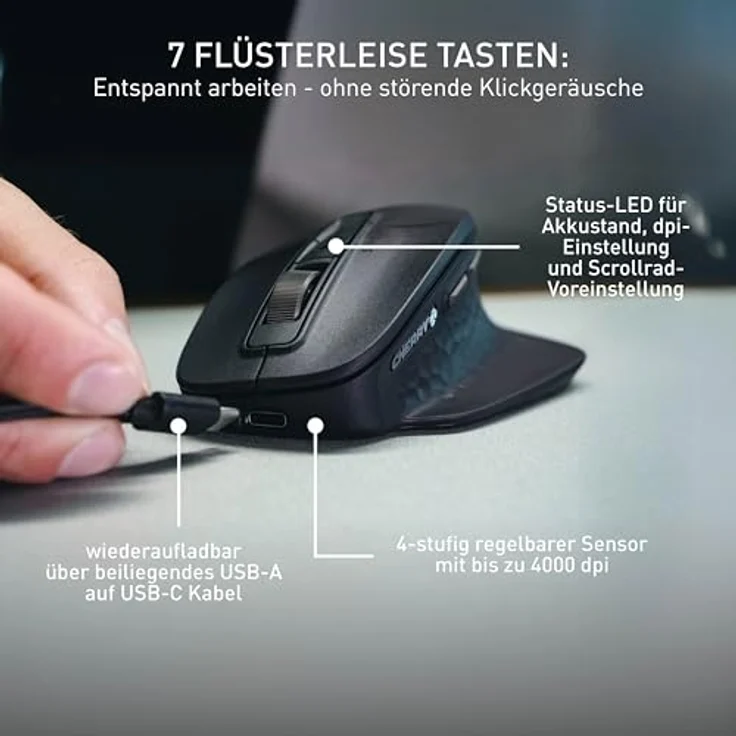 CHERRY Stream Mouse Ultimate, Ergonomische Multi-Device-Maus für bis zu 4 Geräte, Bluetooth, 2,4 GHz & Kabel, Anpassbares Scrollrad, für Rechtshänder, schwarz – Bild 5