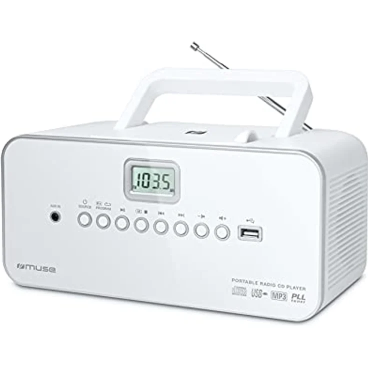 Muse M-28 RDW CD-Radio tragbar, PLL UKW-Radio, MW-Tuner, Senderspeicher, USB, MP3-Wiedergabe, Netz- oder Batteriebetrieb, weiß – Bild 2