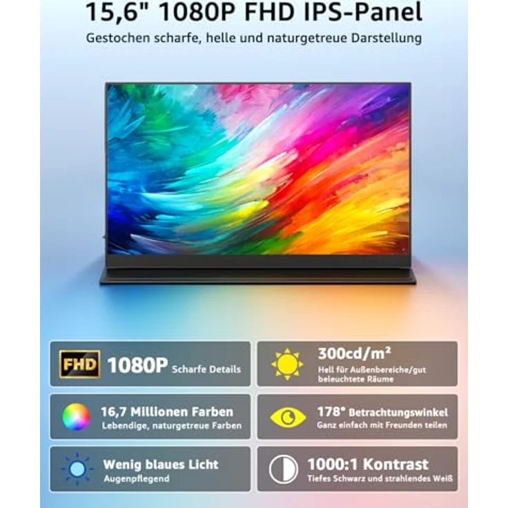 Yodoit Portable Monitor 15,6 Zoll FHD 1920x1080P, Tragbares IPS Display mit USB-C & HDMI, Schutzhülle & Lautsprecher, Mobiles Screen für PC, Xbox, PS5, Switch – Bild 5