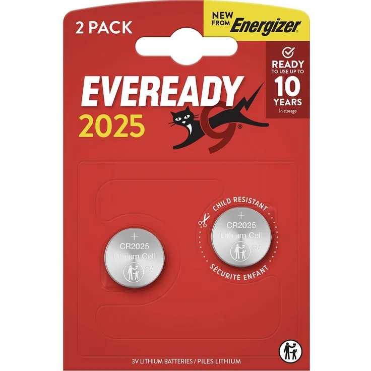 Eveready Knopfzelle CR2025, 3V, 2 Stück, zuverlässige Spezialbatterie für Kleinformatgeräte
